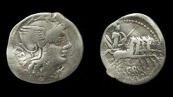 C. Aburius Geminus, Denarius, Mars in Quadriga reverse